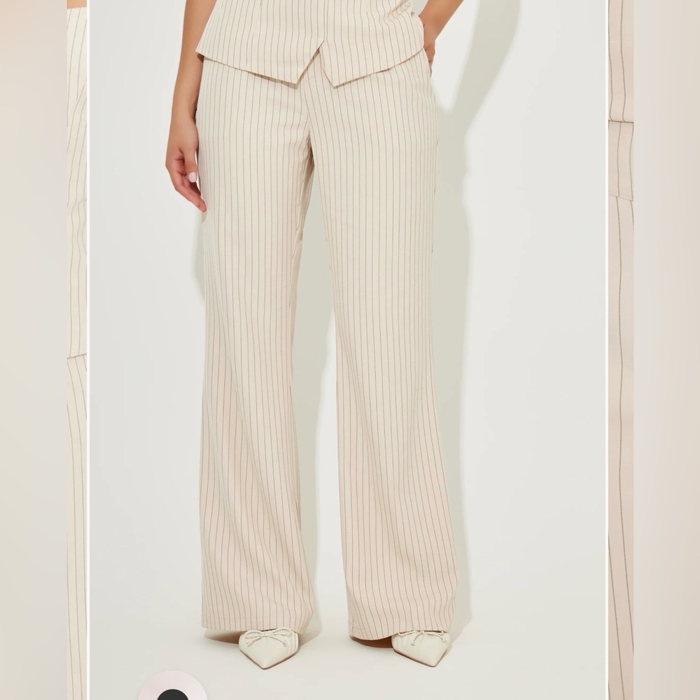 High-Waist Wide-Leg Pinstripe Trousers in Light Beige